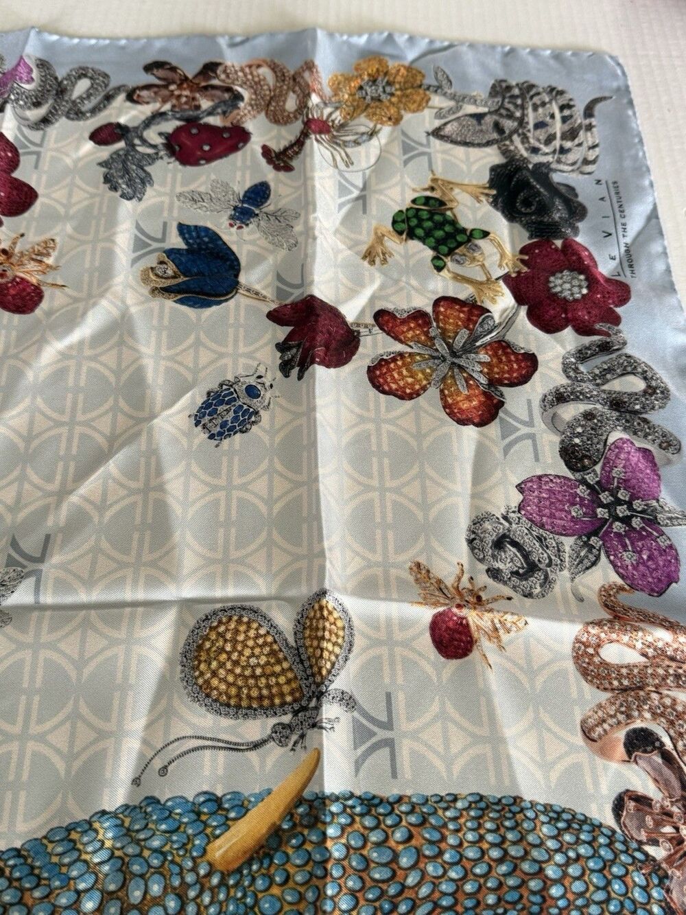LE VIAN Silk Scarf “Through The Centuries” Italy MSRP $500 Light Blue Jewels Gar - Picture 12 of 16